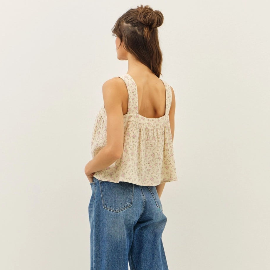 Ribbon Tie Front Square Neck Ditsy Floral Blouse