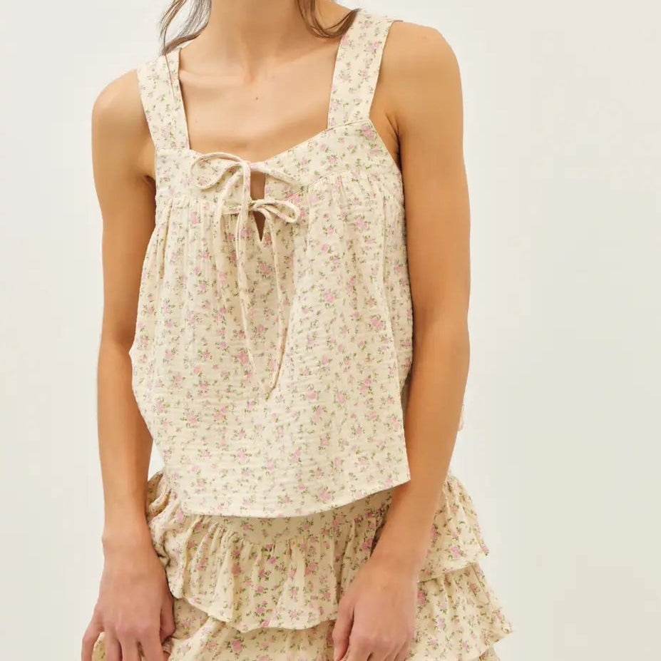 Ribbon Tie Front Square Neck Ditsy Floral Blouse
