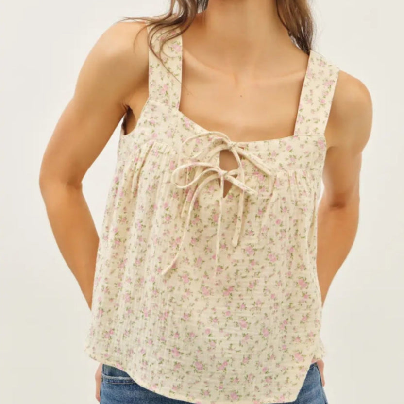 Ribbon Tie Front Square Neck Ditsy Floral Blouse
