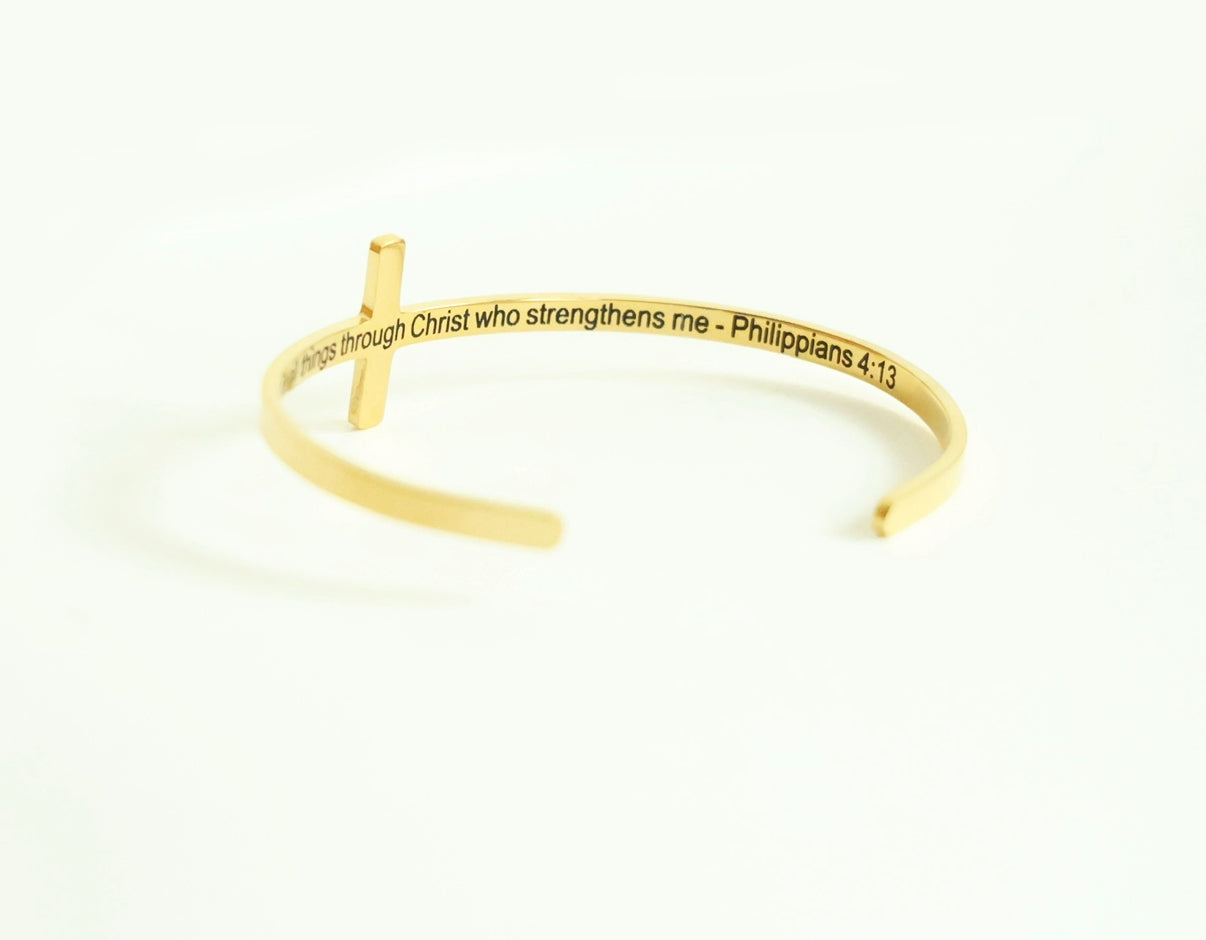 Stainless Steel Cross Cuff Bracelet with Christian Scripture⎜Philippians 4:13