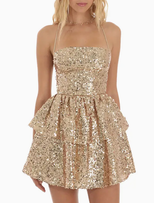 Sequin Lace Up Dress in Gold