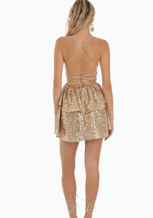 Sequin Lace Up Dress in Gold