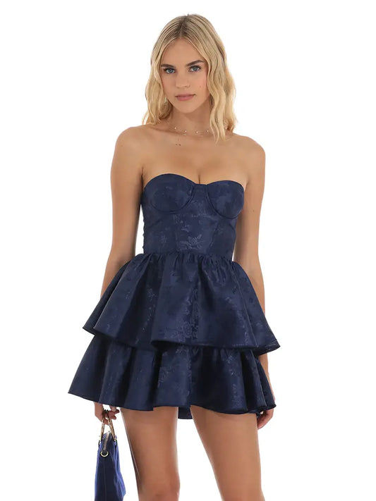 Jacquard Corset Mini Dress in Navy